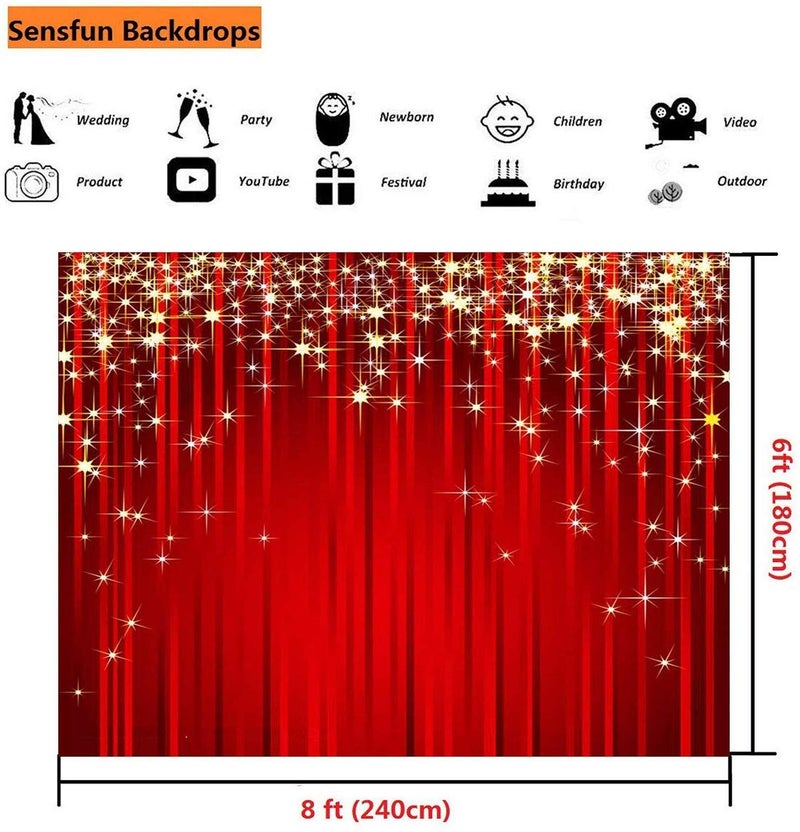 Sensfun 8x6ft Red and Gold Backdrop for Photography Red Stripe Starry Glitter Background Xmas Star Backdrops Adult VIP Awards Event Wedding Birthday Party Decor Portrait Photo Booth Shoot Studio Props - Image 3